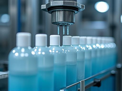 Linea di produzione automatizzata per il riempimento di flaconi cosmetici.