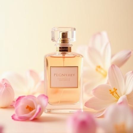 Elegante boccetta di profumo con elementi floreali.