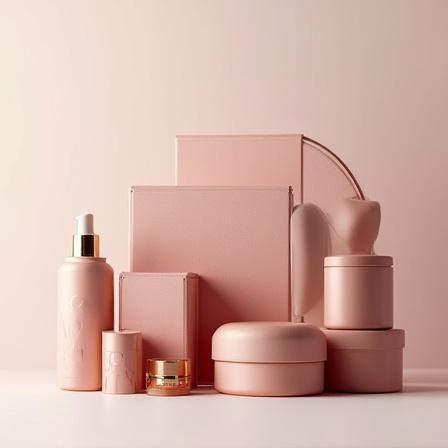 Composizione di scatole e contenitori di design per cosmetici di lusso.