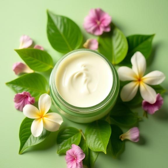 Foglie verdi e petali di fiori disposti attorno a un vasetto di crema, a simboleggiare la naturalità.